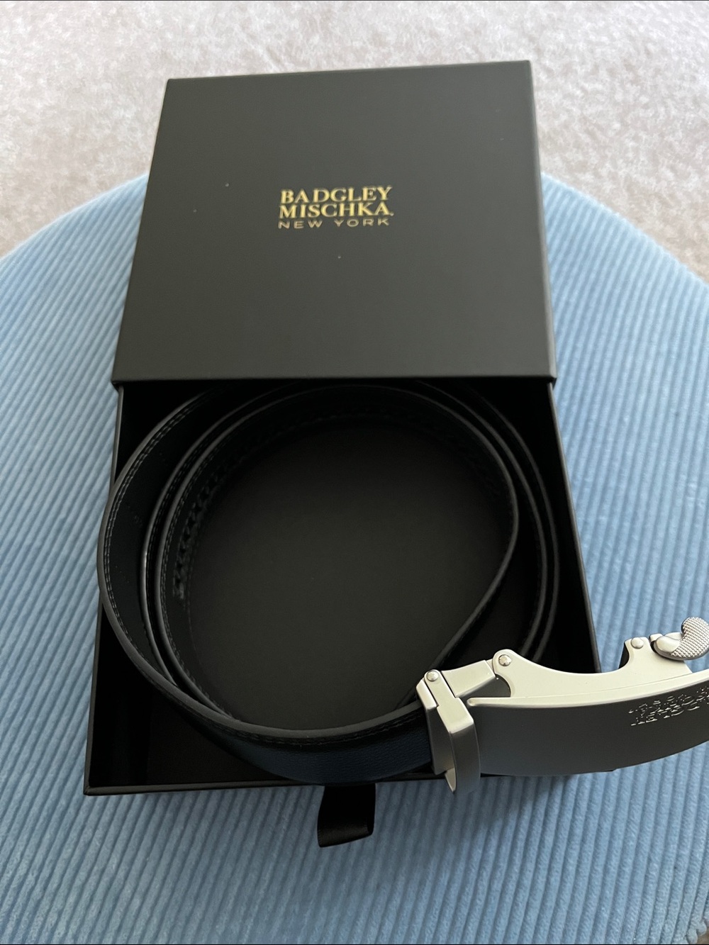 Badgley Mischka Black Leather Belt with Silver-Tone Buckle